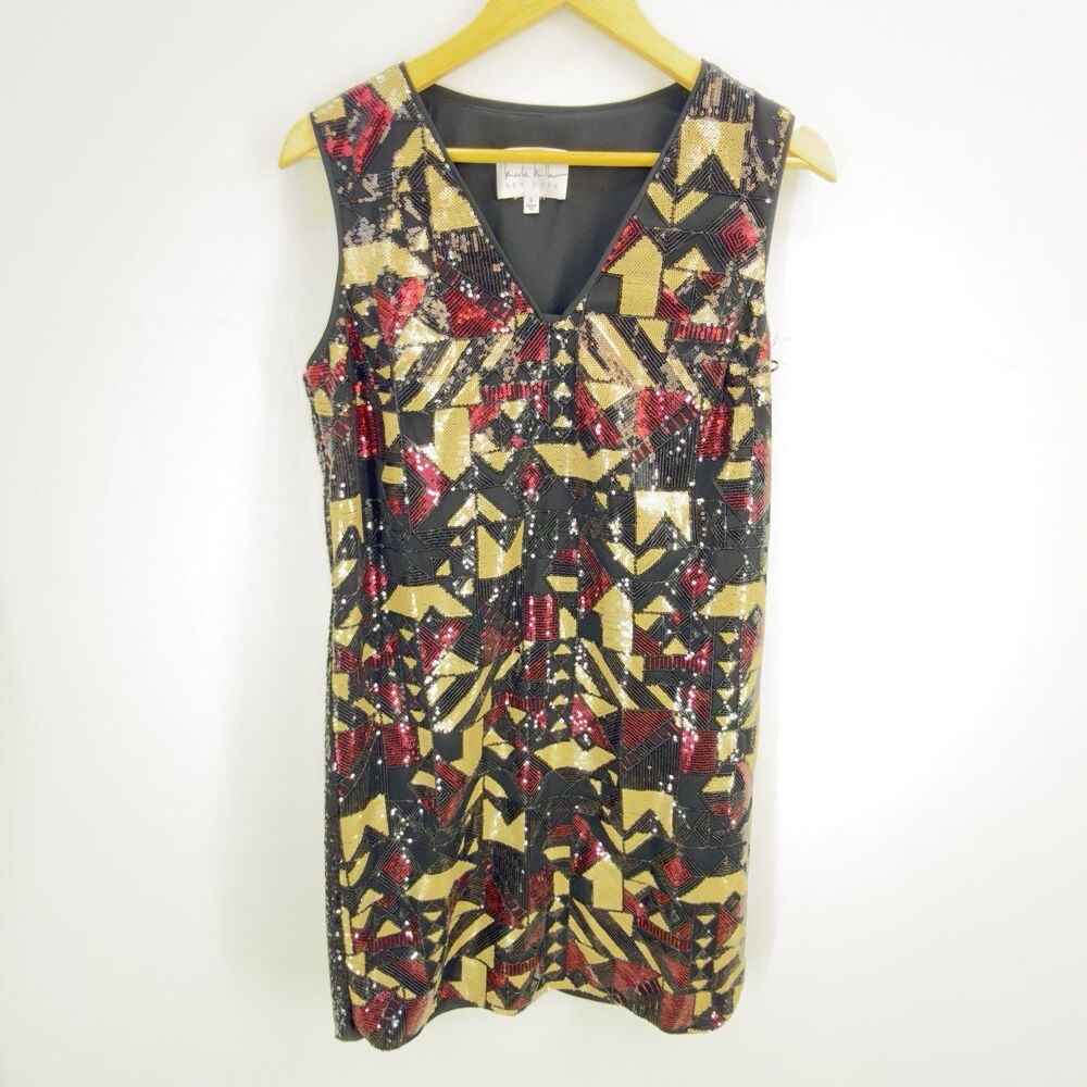 Nwt Nicole Miller New York V-Women Dress Size 8 Neck Sequin Shift Cocktail - Picture 10 of 16